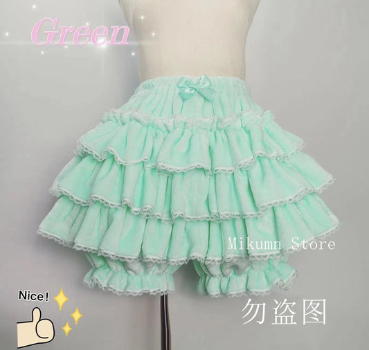 Harajuku Y2k Sweet Pink White Pumpkin Pants Lolita Autumn Winter JK Plush Shorts Japanese Kawaii Ruffles Lantern Shorts SS69 41.69 green / Waist 60-100cm