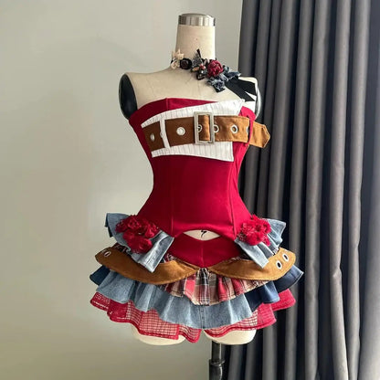 Preppy Style Vintage Red Denim Bustier Tops + Sweet Spicy Pure Design Mini Cake Skirt Women 2 Piece Sets Summer 2025 Korea Style SS69 33.69 2 Piece Sets / S