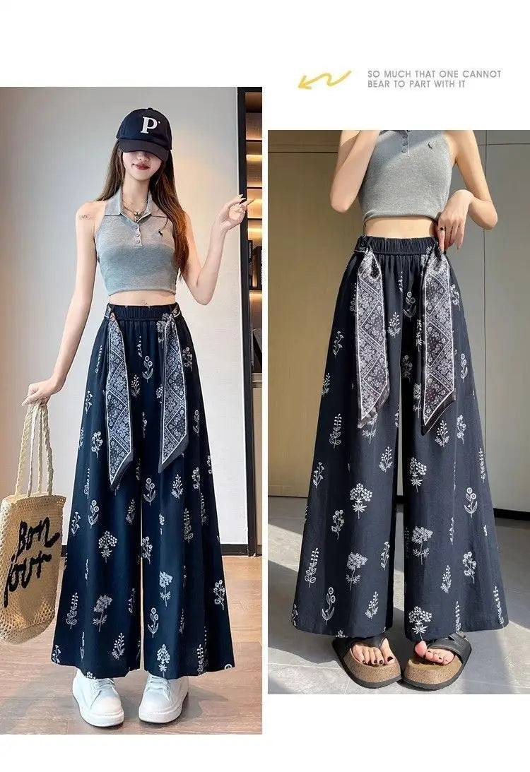 Women's Floral Print Wide Leg Pants - High Waist Casual Trousers