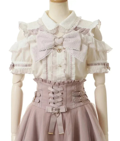 Japanese Liz Mine Women's Shirt Summer Off Shoulder Big Bow Short Sleeve Top Cute Girl BlousesHigh Waist Skirt 2 Piece Skirt Set SS69 61.69 white pink top / XXXL