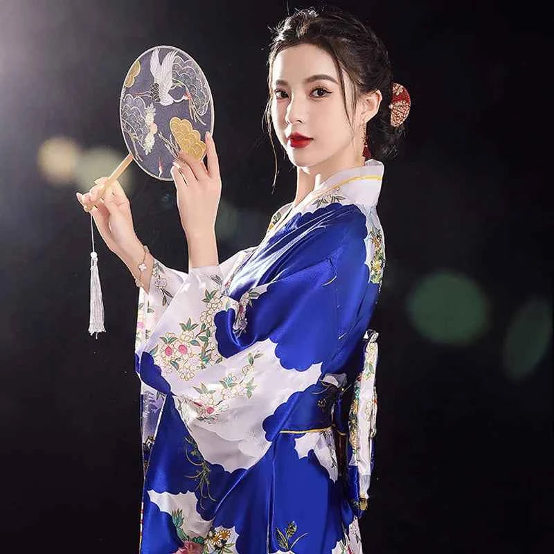 Women's Elegants Japanese Kimono Sexy Yukata with Obi Cosplay Costume National Novelty Evening Dress Printed Flower Geisha Gown
