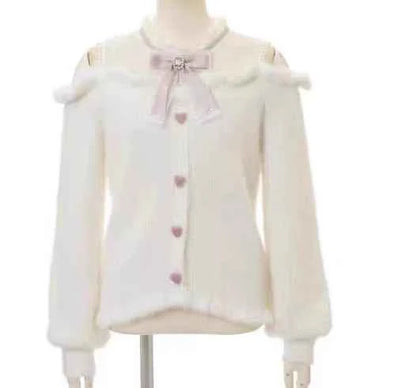 Liz Sweater Japanese Mass Production Autumn and Winter Woolen Off Shoulder Lace Slim Short Sweater Soft Furry Knitted Pullover