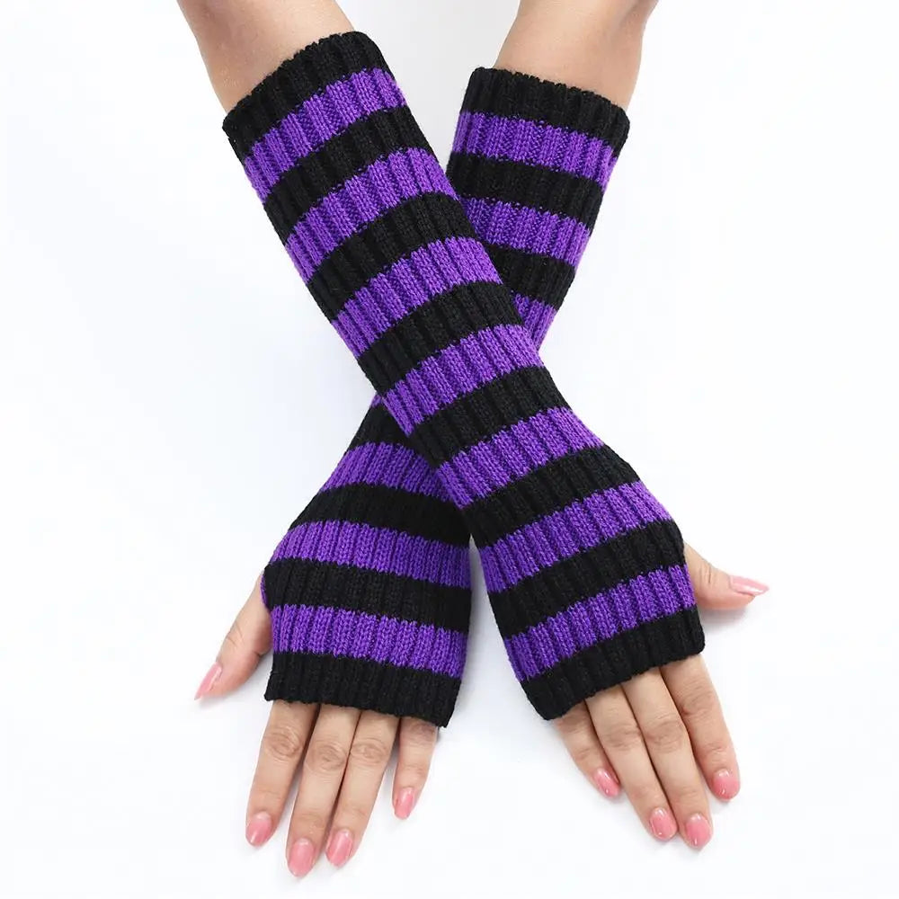Lolita Striped Women's Knitted Fingerless Arm Sleeves Halloween Gothic Style Long Arm Warmers Girls Punk Striped Elbow Gloves SS69 12.69 PURPLE / One Size