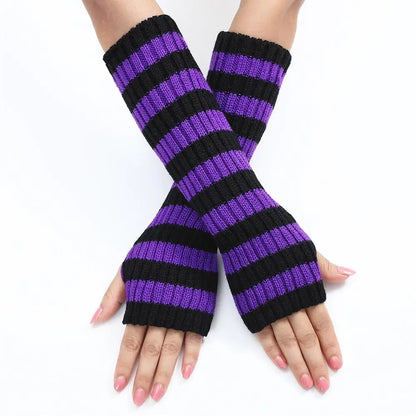 Lolita Striped Women's Knitted Fingerless Arm Sleeves Halloween Gothic Style Long Arm Warmers Girls Punk Striped Elbow Gloves SS69 12.69 PURPLE / One Size