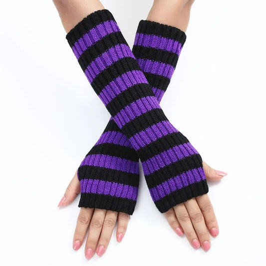Lolita Striped Women's Knitted Fingerless Arm Sleeves Halloween Gothic Style Long Arm Warmers Girls Punk Striped Elbow Gloves SS69 12.69 PURPLE / One Size