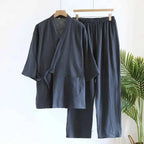 Large Size Kimono Robes with Pocket and Long Pants 2 Pcs Pajamas Set for Men Sleepwear Clothes Cotton Pjamas for Men