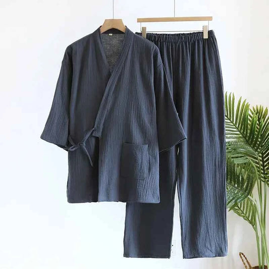 Large Size Kimono Robes with Pocket and Long Pants 2 Pcs Pajamas Set for Men Sleepwear Clothes Cotton Pjamas for Men