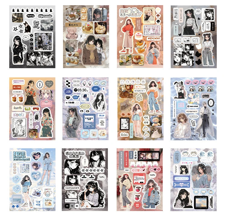 45pcs Japanese Retro Early Style Manga Cut Film Sticker Book Kawaii Girl Scrapbook Journal DIY Deco Cute Showa Phone Case Decals SS69