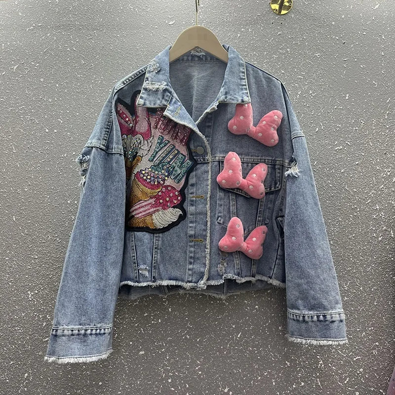 2024 New Women Coat Cartoon Sticker Embroidered Sequin Short Denim Jacket Loose Bowknot Top SS69