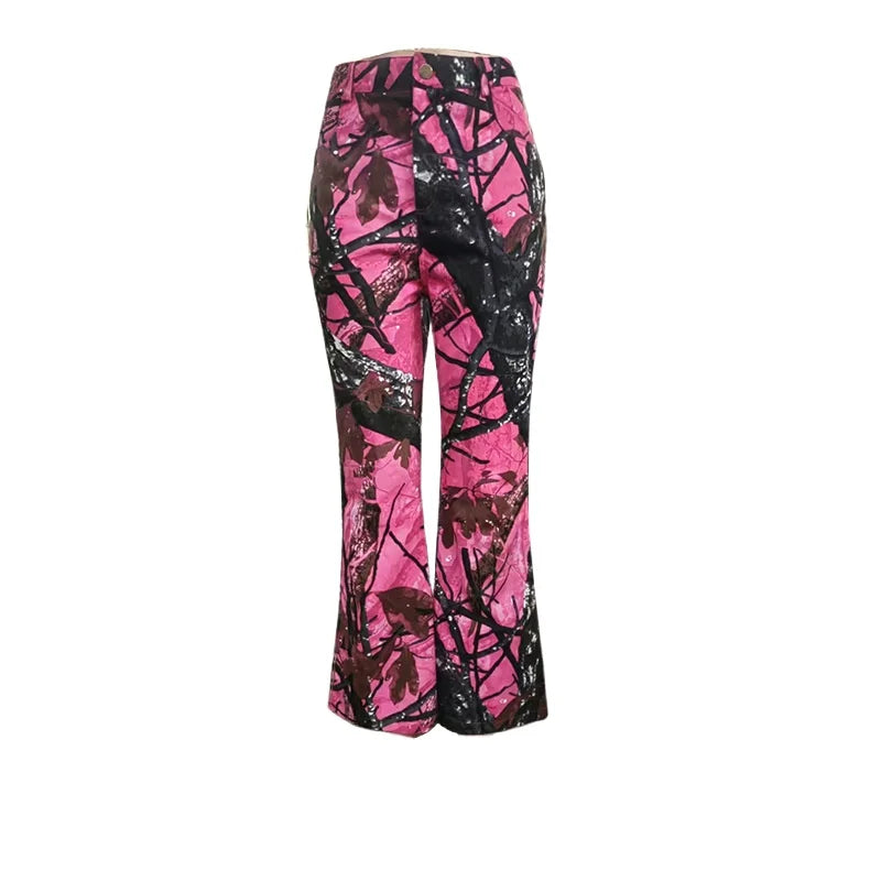 FAGADOER Y2k Fashion Pink Camouflage Print Pants Women Button High Waist Flare Pants Female INS New Autumn Streetwear Bottoms SS69 31.69 pink / XXL