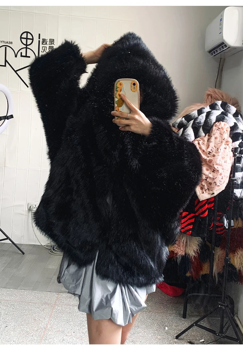 Nerazzurri Women's Faux Fur Coat with Hood - Warm & Fluffy