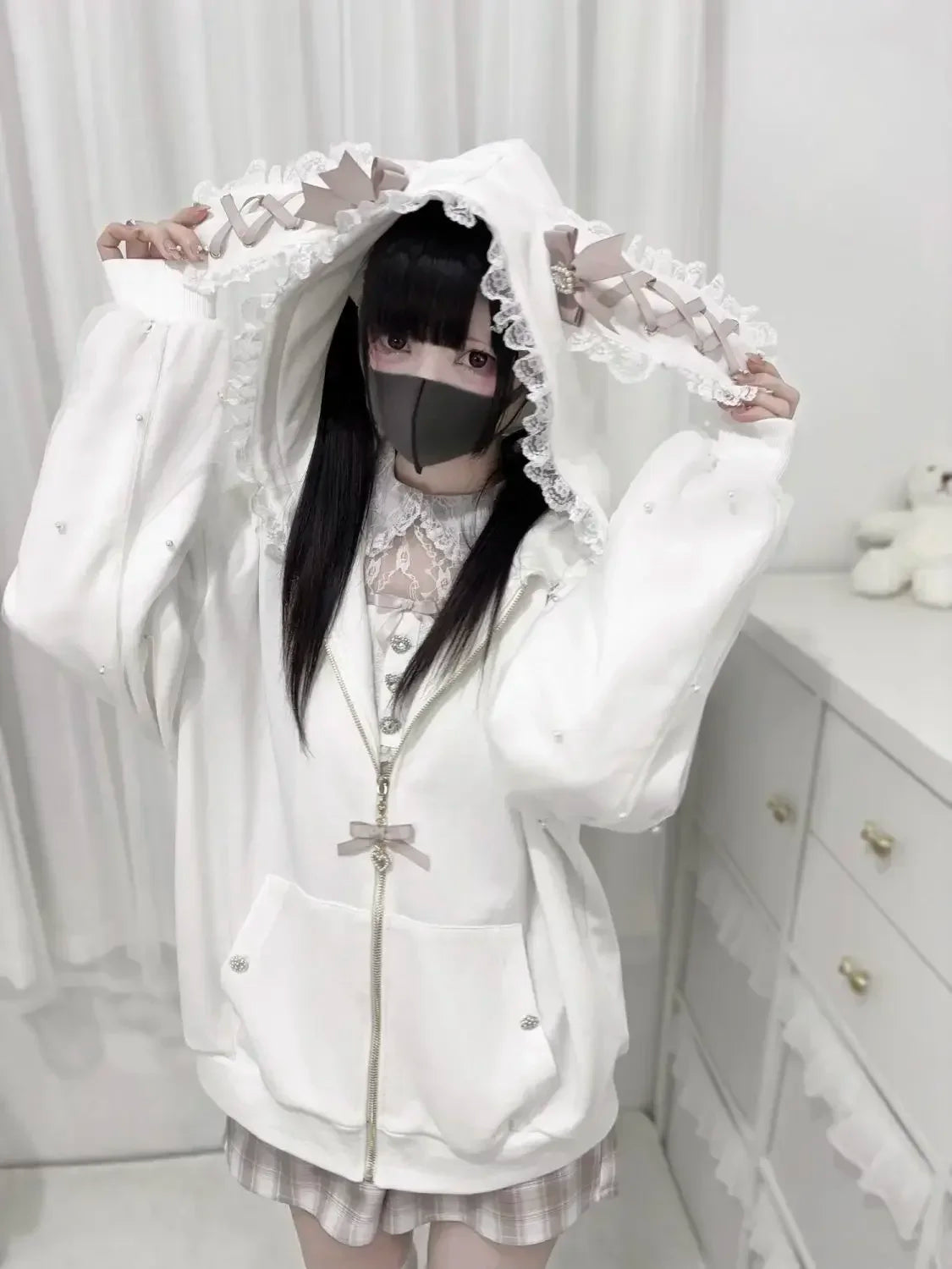 CHUJIECN Women's Kawaii Bunny Ear Hoodie with Lace & Zipper