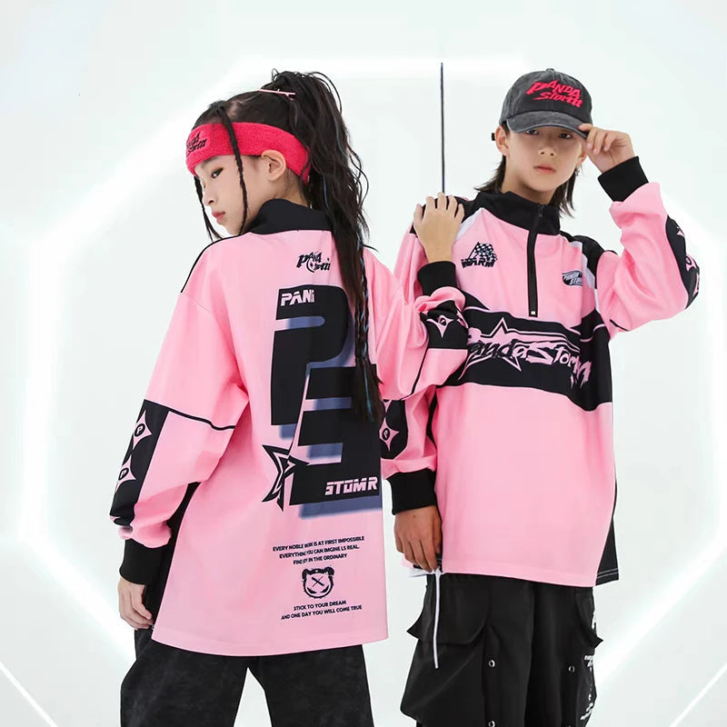 Hip Hop Dance Costume for Girls Pink Tops Black Pants Teenagers Boys Jazz Dance Performance Clothes Kpop Outfits Kids Stage Wear SS69