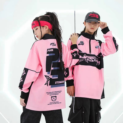 Hip Hop Dance Costume for Girls Pink Tops Black Pants Teenagers Boys Jazz Dance Performance Clothes Kpop Outfits Kids Stage Wear SS69