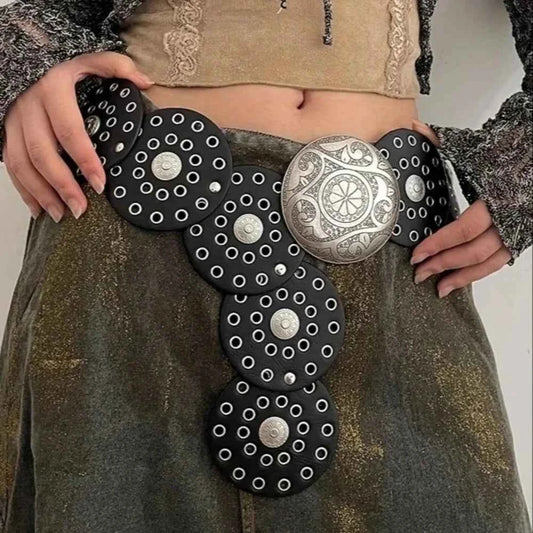 SS69 Women's Y2K Vintage Rivet Patchwork Wide Faux Leather Waist Belt