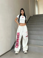 Korean Y2K Streetwear White Jogging Sweatpants Women Harajuku Sports Pants Oversized Hip Hop Letter Wide Leg Trousers - SS69