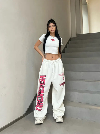 Korean Y2K Streetwear White Jogging Sweatpants Women Harajuku Sports Pants Oversized Hip Hop Letter Wide Leg Trousers - SS69