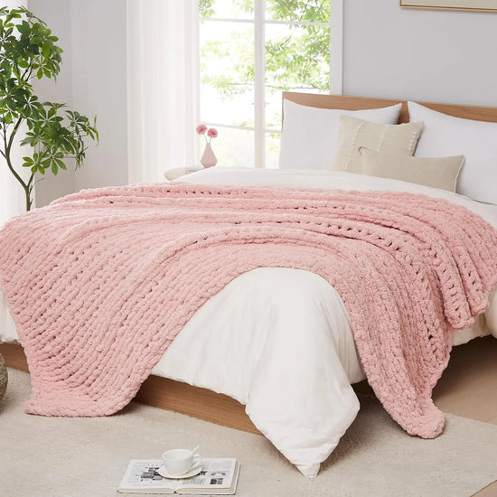 Chunky Knit Blanket Throw Chenille Chunky Knitted Throw Blanket for Bed Couch Handmade Thick Big Cable Knit Blanket