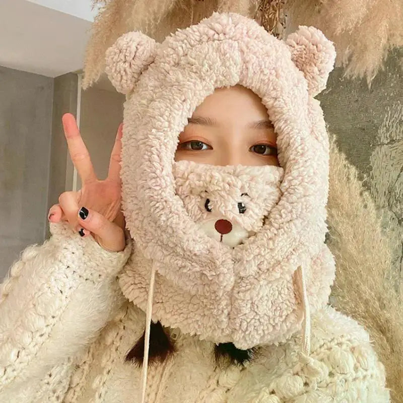 Winter Cartoon Hat With Mask Bear Lamb Beanie Hats Warm Thickened Ear Protection Skullies Beanies for Women Girl Kawaii SS69