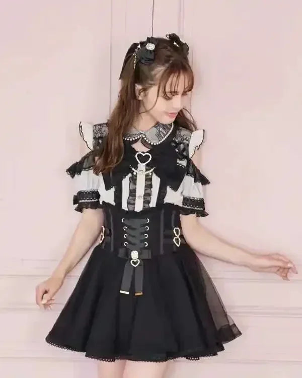 Japanese Liz Mine Women's Shirt Summer Off Shoulder Big Bow Short Sleeve Top Cute Girl BlousesHigh Waist Skirt 2 Piece Skirt Set SS69