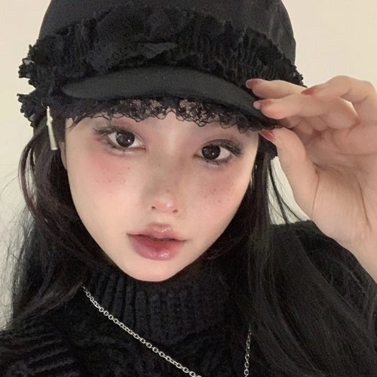 Japanese Women Double Layers Lace Beret Cap Fashion 2000s Girls Gothic Punk Cross Pendant Octagonal Hat Street Photography Hat SS69