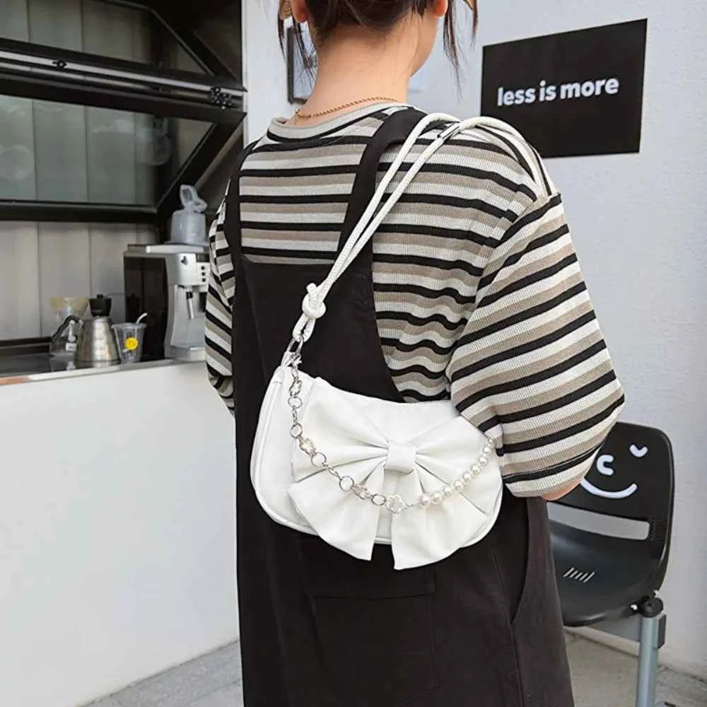 Trendy Pearl Bow Shoulder Bag Underarm Bag Daily Commuting Bag Casual Handbag Solid Business Women's Bag
