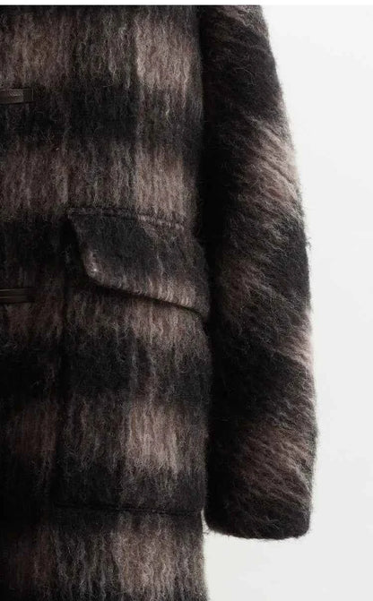 Plaid Coat~ Retro Style Horn Button Mid-Length Coat Women's Alpaca Wool Coat 2025 Winter British Style