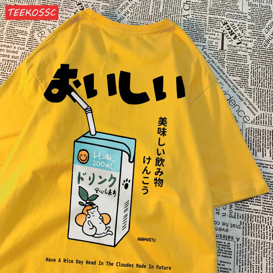 Cute Japanese Cat Print Oversized T-shirt Women Men Short Sleeve Loose Casual Tee Shirt Streetwear Tops Cotton Harajuku Clothing SS69 13.69 Yellow / XXXL