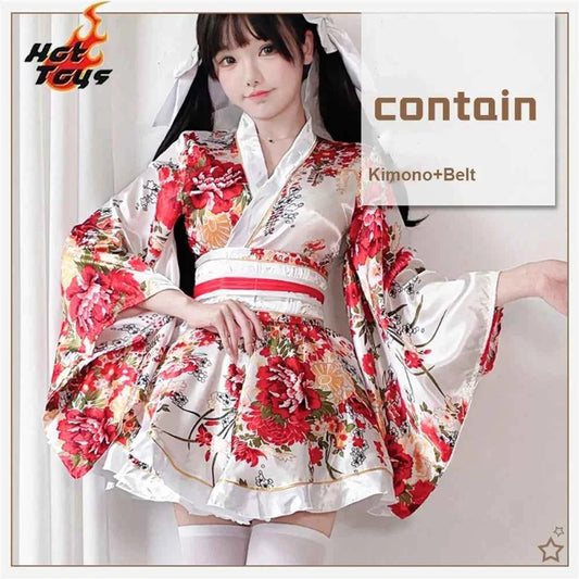 Japanese Kimono Yukata Robes Kawaii Girls Floral Printed Haori Suit Lovely Lolita Dress For Women Maid Cosplay Costume Halloween