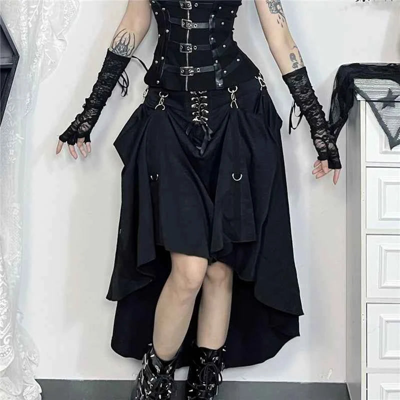 Goth Streetwear Gothic Skirt Women Harajuku Emo Alternative Grunge High Waist Bandage A-line Skirts Y2k E-girl Indie Clothes