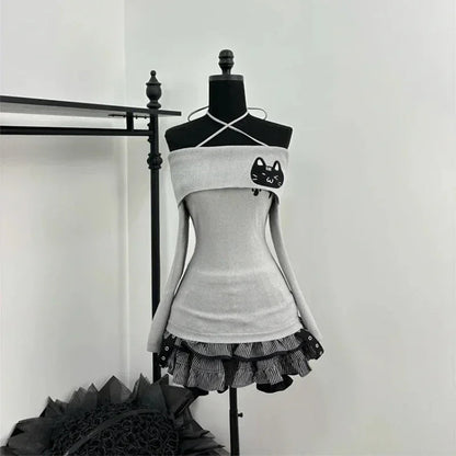 Japanese Sweet Y2k Elegant 2 Piece Set Woman Long Sleeve Chic Blouse+ Mini Ruffle Skirt Female Korea Style Rave Birthday Outfits SS69 24.69 Gray Sets / S