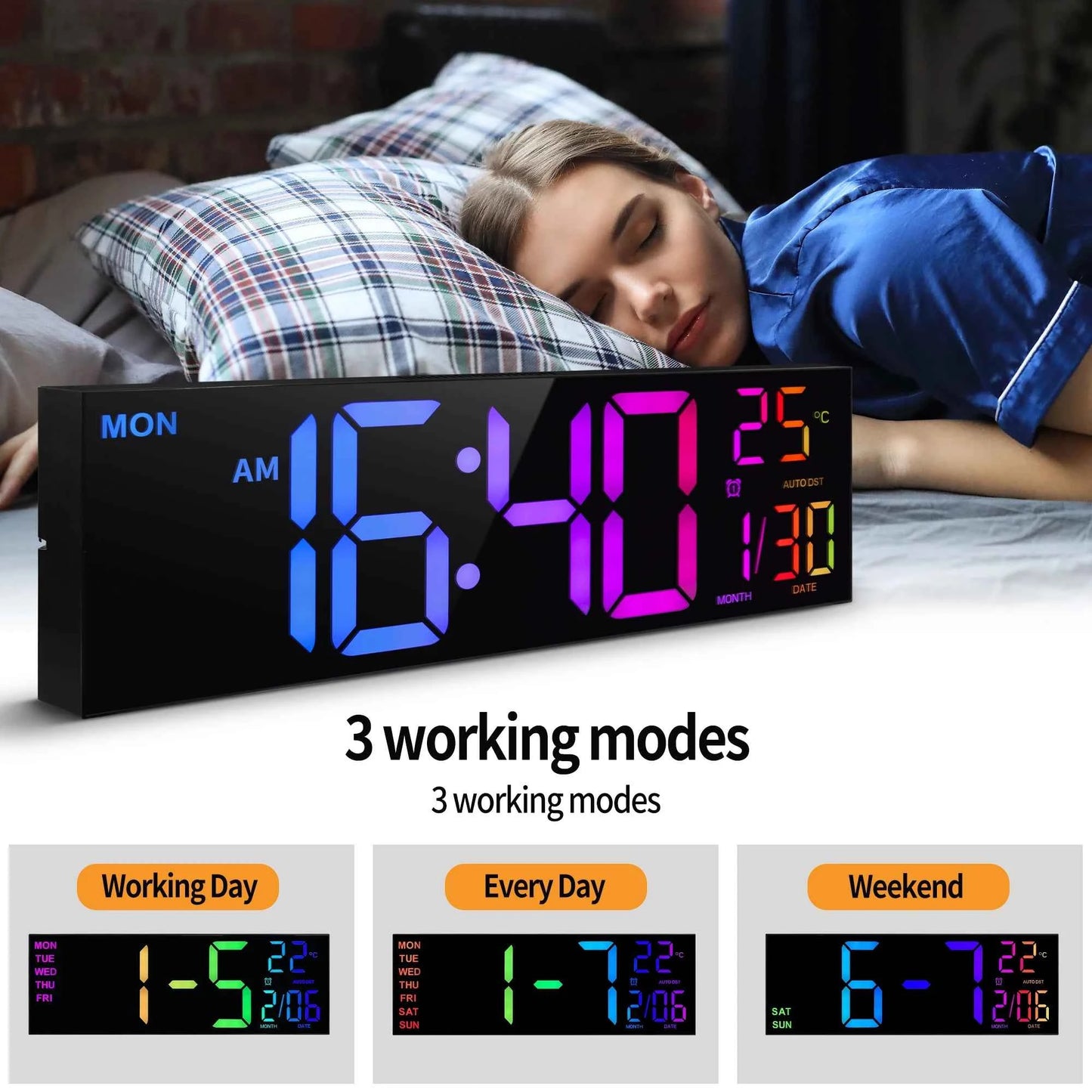 16" Large Digital Wall Clock, Big LED Display with Remote, 8 RGB Color, Alarm, DST, Temperature for Living Room, Kitchen