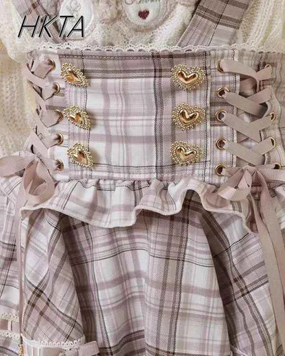 Original Japanese Mines Lolita Strap Skirts Women High Waist and Thin Frilly Pleated Skirt College Style Liz Girl Plaid Skirt