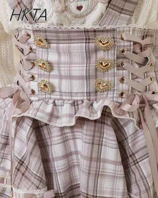 Original Japanese Mines Lolita Strap Skirts Women High Waist and Thin Frilly Pleated Skirt College Style Liz Girl Plaid Skirt