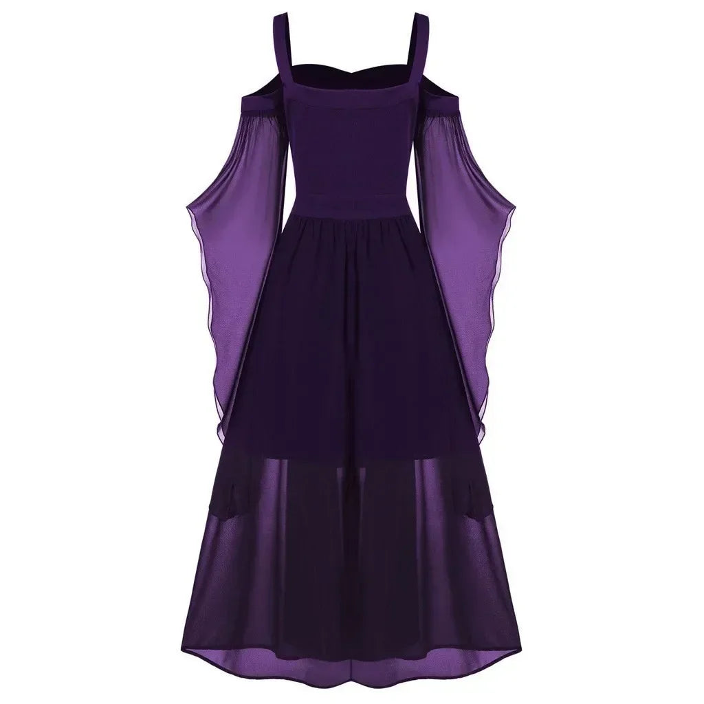 New Medieval Witch Dress for Women Halloween Carnival Women Plus Size Cold Shoulder Butterfly Sleeve Halloween Gothic Dress