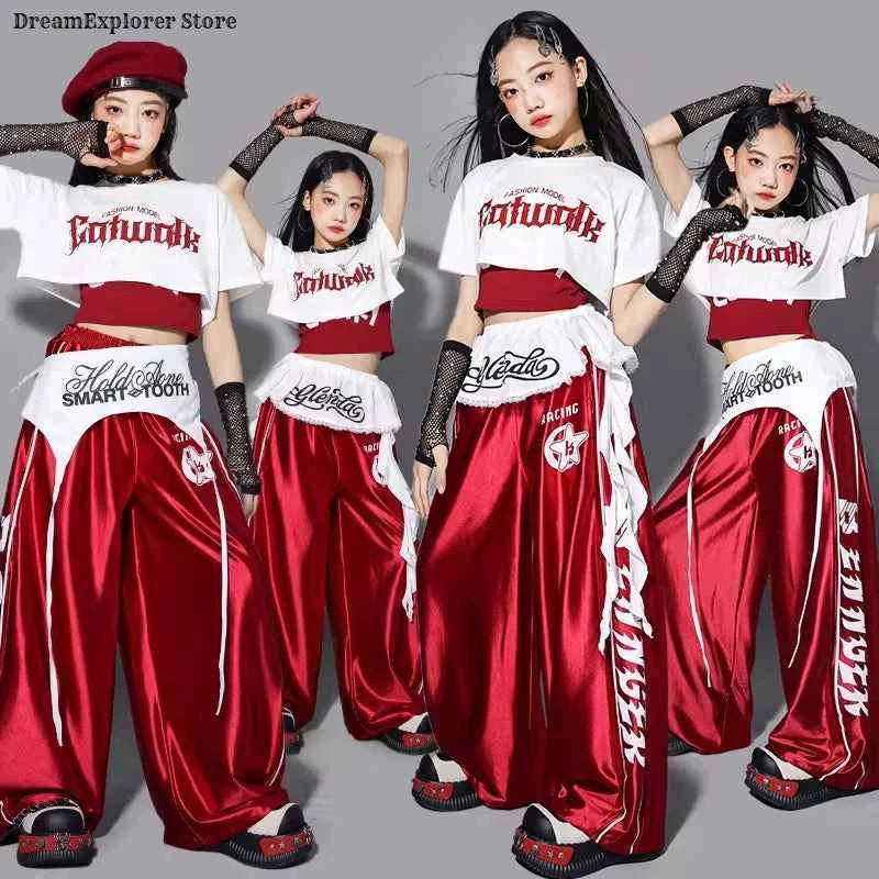 Girls K-pop Crop Top Shiny Joggers Pants Children Streetwear Girl Group Costume Kids Teen Hip Hop Jazz Street Dance Clothes Sets