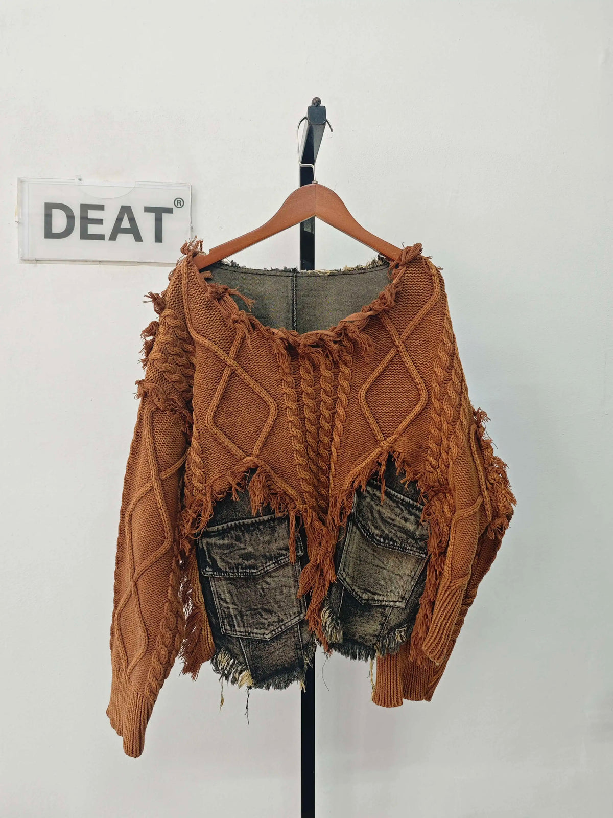 DEAT Women's Patchwork Denim Pullover Sweater, Long Sleeve Loose Knit Top