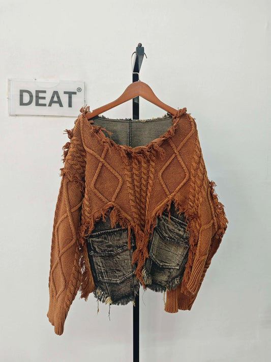 DEAT Women's Patchwork Denim Pullover Sweater, Long Sleeve Loose Knit Top