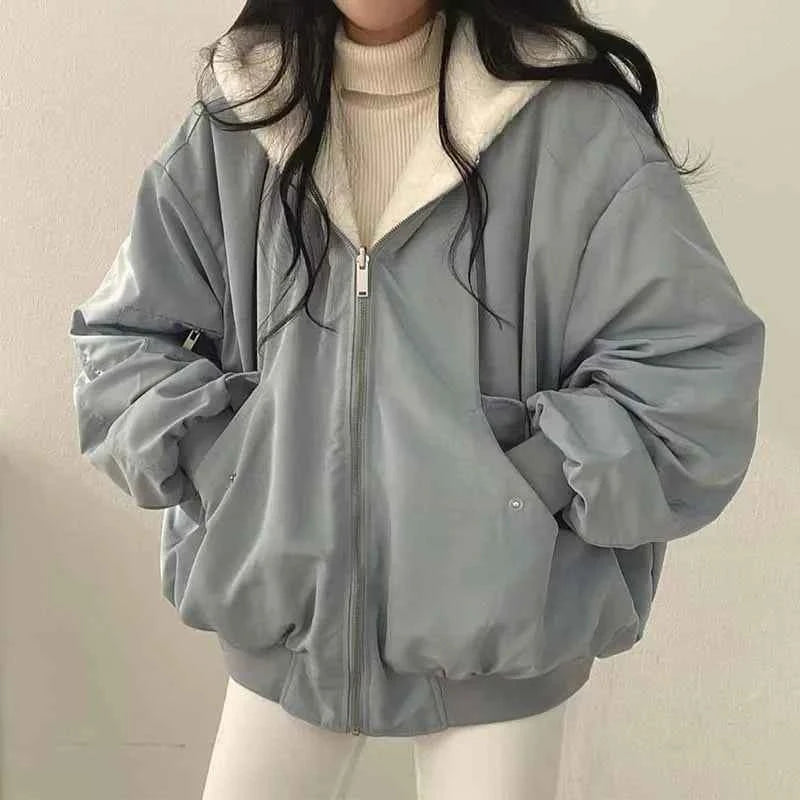 Smvp Winter Thicken Warm Parkas Women Fashion Double Sided Hooded Fleece Coat Ladies Korean Loose Long Sleeve Zip Up Jackets