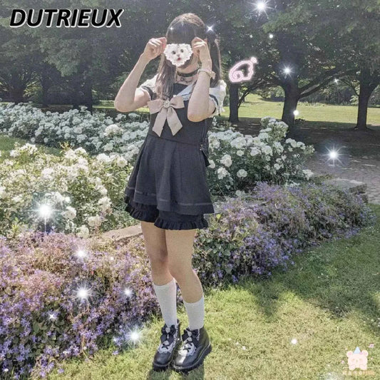 Japanese Style Women's Outfits Sailor Collar Plaid Rhinestone Bow Dress Shorts Set Sweet Lolita Mine Series Dress Two-Piece Suit