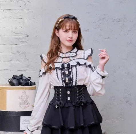 Japanese Liz Mine Women's Shirt Summer Off Shoulder Big Bow Short Sleeve Top Cute Girl BlousesHigh Waist Skirt 2 Piece Skirt Set SS69