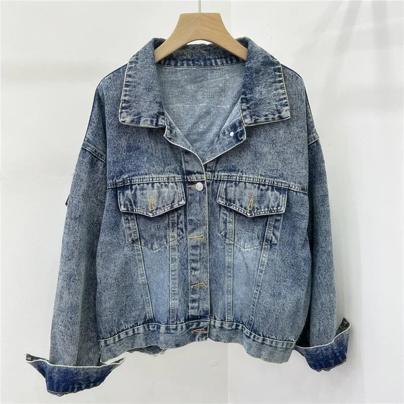 Streetwear Fashion Embroidery Sequins Denim Jacket Women Cowboy Outerwear Autumn Vintage Blue Big Pocket Jeans Jackets Female SS69