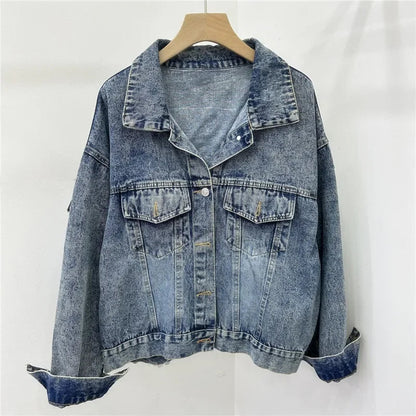 Streetwear Fashion Embroidery Sequins Denim Jacket Women Cowboy Outerwear Autumn Vintage Blue Big Pocket Jeans Jackets Female SS69