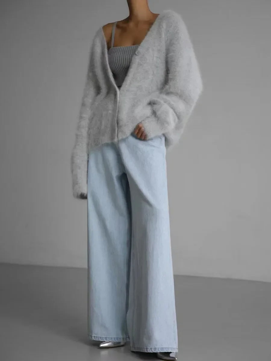 Women's V-Neck Cardigan Sweater Coat - Solid Knit, Single Breasted