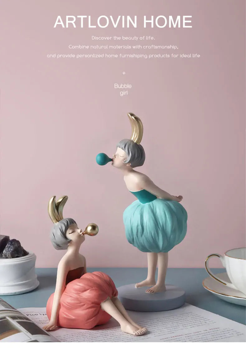 Bubble Gum Rabbit Girl Figurines, Modern Home Decoration,Party Decor, Sweet Gift for Girl,Lovely Room Ornaments,Birthday Present SS69