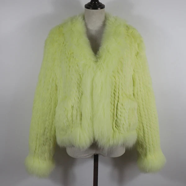New Women Autumn Winter Knitted Real Rabbit Fur Coat 100% Natural Rabbit Fur Jacket With Fox Fur Collar Overcoat For Female