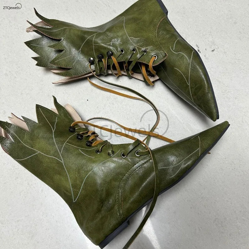 Women New Halloween Elf Witch Cosplay Retro Shoes Faux Leather Party Green Tree Spirit Leaf Boots Gifts for Her