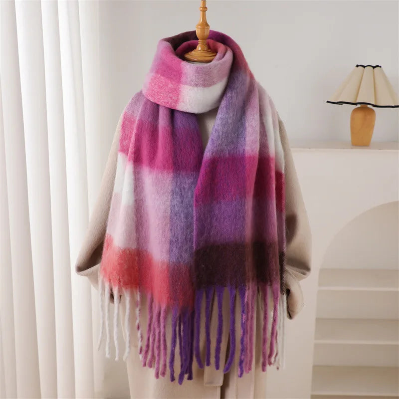 RUNMEIFACN Women's Winter Plaid Cashmere Blend Scarf with Tassels