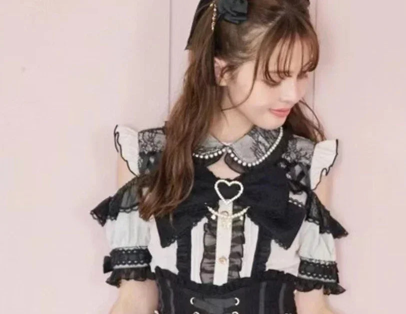 Japanese Liz Mine Women's Shirt Summer Off Shoulder Big Bow Short Sleeve Top Cute Girl BlousesHigh Waist Skirt 2 Piece Skirt Set SS69 61.69 black pink top / S