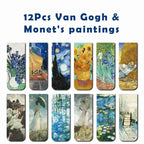 12pcs Artistic Magnetic Bookmarks Featuring World Famous Paintings by Van Gogh & Monet - Ideal for School, Office, And Art Lover